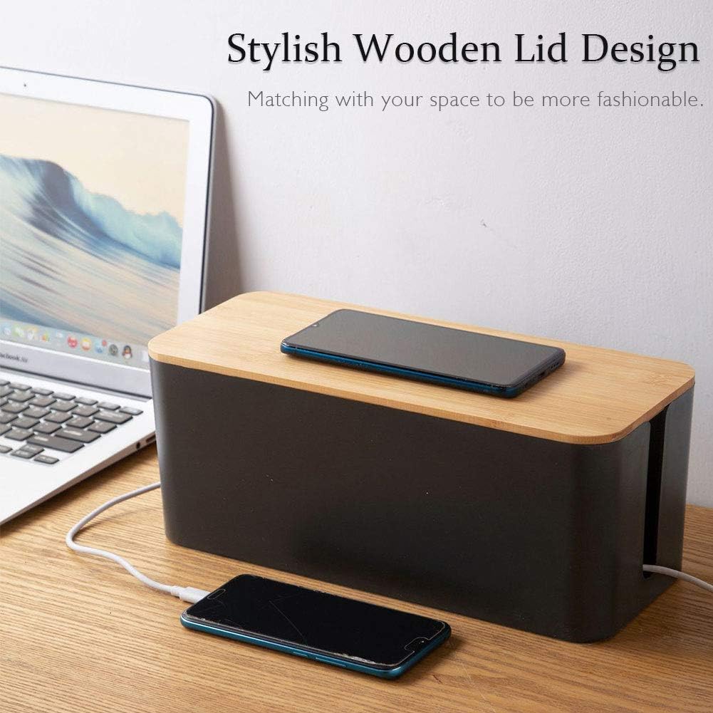PowerKing Cable Management Boxes Organizer, Bamboo Lid, Large Storage Wires Keeper Holder for Desk, TV, Computer, USB Hub, System to Cover and Hide & Power Strips & Cords (Luxury Black)
