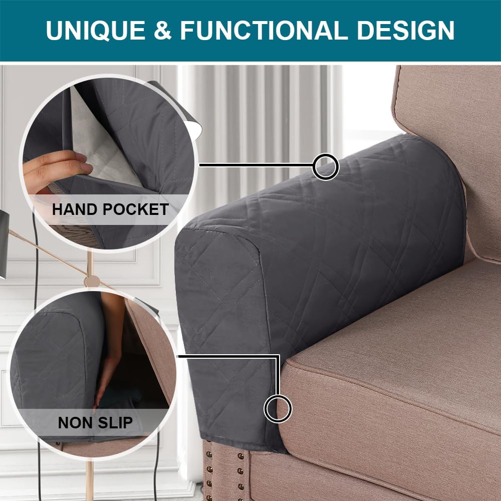 2-Pack Waterproof Armrest Covers for Couches & Chairs – Anti-Slip Furniture Protectors with Side Pockets, Washable Sofa Arm Covers, Universal Stretch Fit (Fits Most Armrests)(Gray)