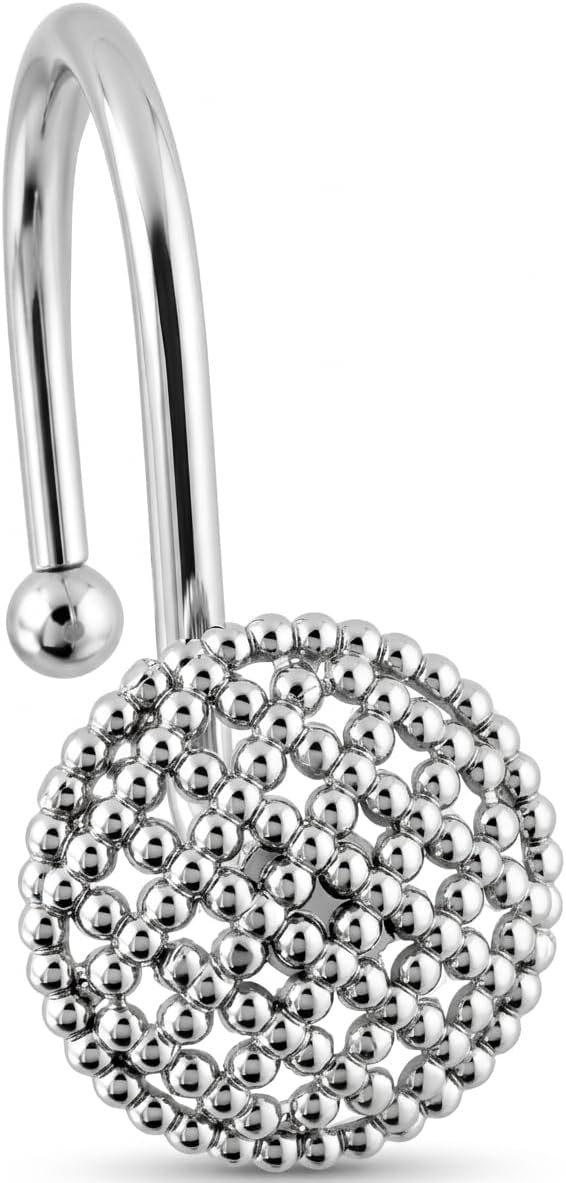 Silver Shower Curtain Hooks, 12 Pack Modern 3D Beaded Decorative Shower Curtain Rings, Rust Proof Heavy Duty Metal Shower Hangers for Bathroom Rods