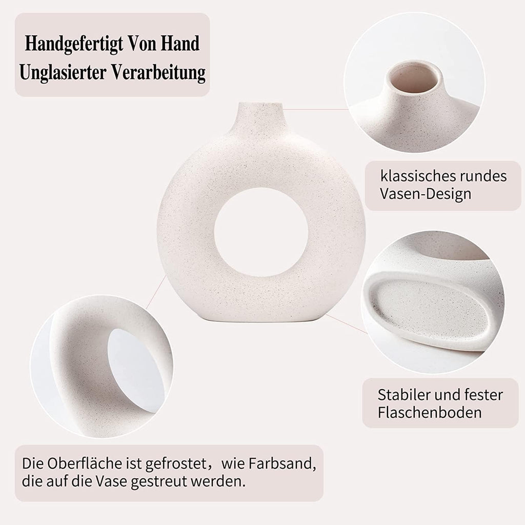 White Ceramic Donut Vase Set of 2, Big Hollow Round Matte Pampas Flower Vases for Boho Home Wedding Party Room Dinner Table Shelf Decor.