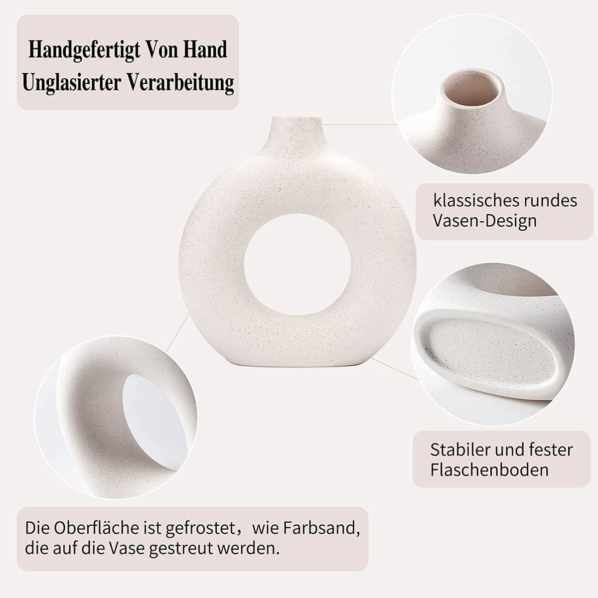 White Ceramic Donut Vase Set of 2, Big Hollow Round Matte Pampas Flower Vases for Boho Home Wedding Party Room Dinner Table Shelf Decor.