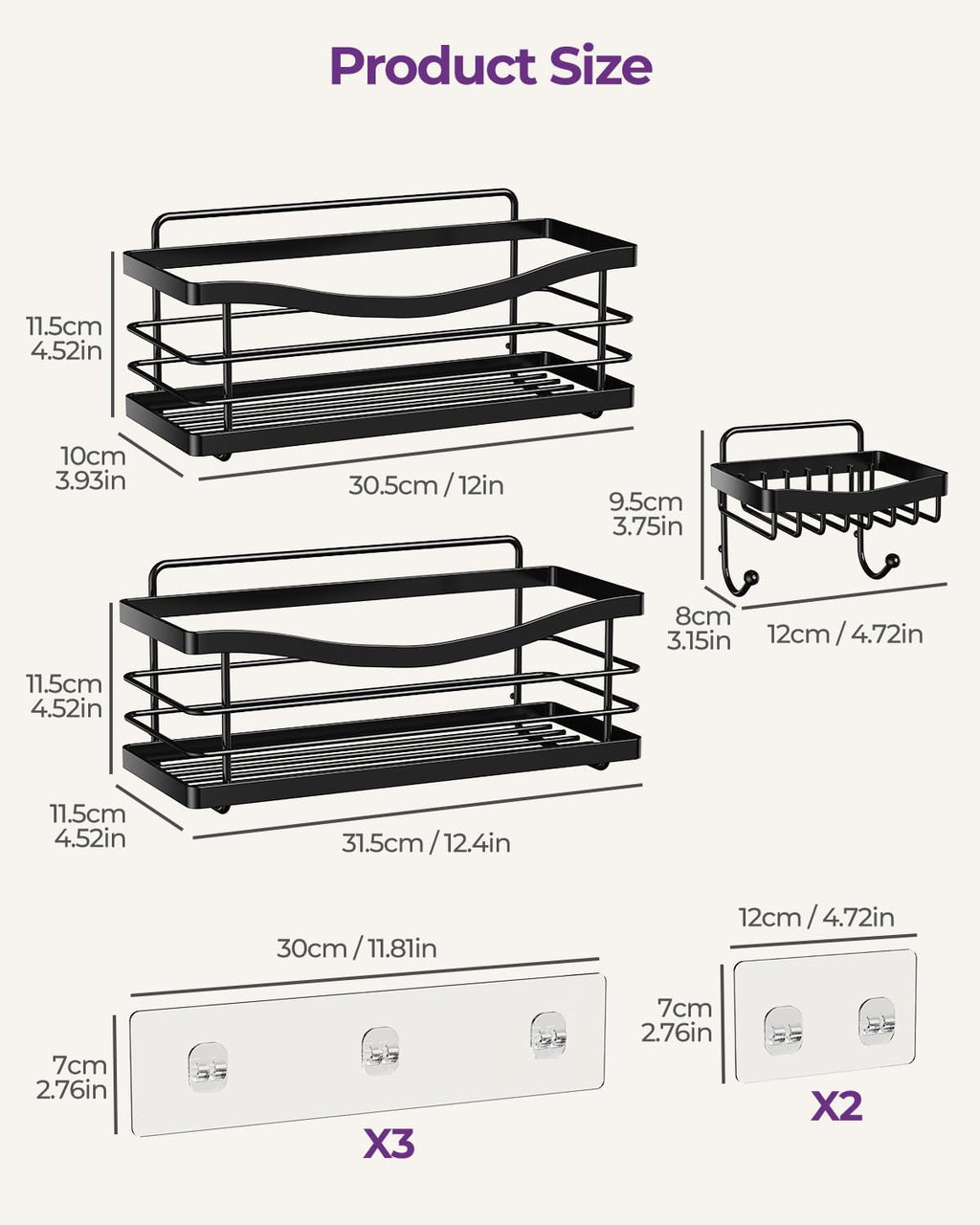 ODesign 3 Pack Adhesive Shower Caddy,Stainless Steel Shower Shelves,Black