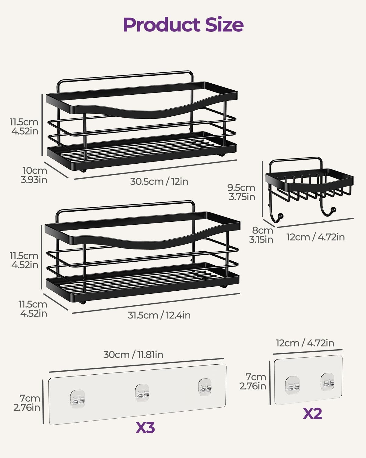 ODesign 3 Pack Adhesive Shower Caddy,Stainless Steel Shower Shelves,Black
