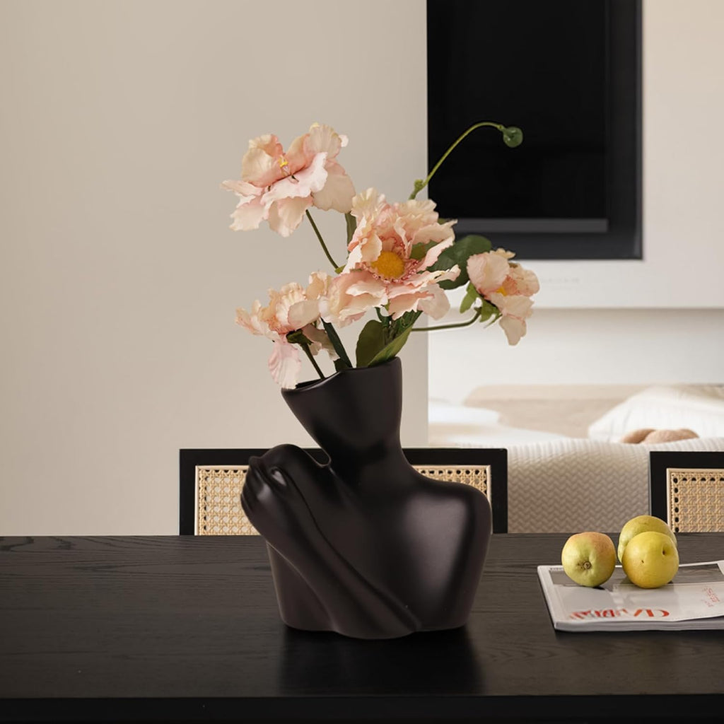 Ceramic Body Vase, Female Form Half Body Vase, Modern Minimalist Boho，Decorative Vase for Living Room, Bedroom, Shelf, Dining Table, Bathroom & Office, (Black Shoulder-Grazing Style)