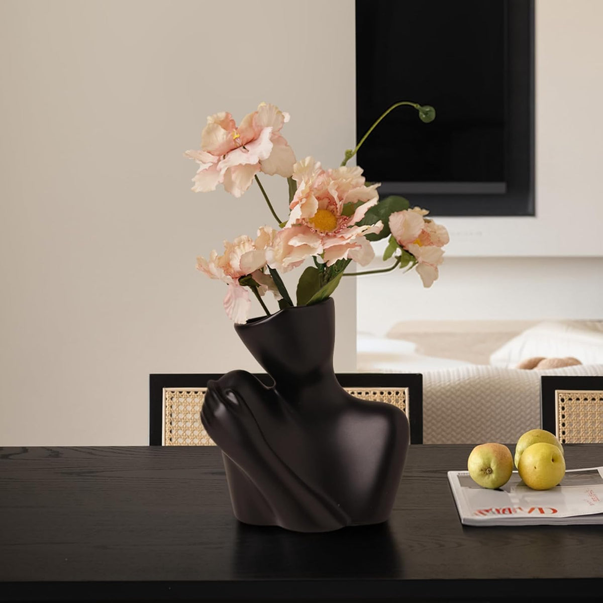 Ceramic Body Vase, Female Form Half Body Vase, Modern Minimalist Boho，Decorative Vase for Living Room, Bedroom, Shelf, Dining Table, Bathroom & Office, (Black Shoulder-Grazing Style)