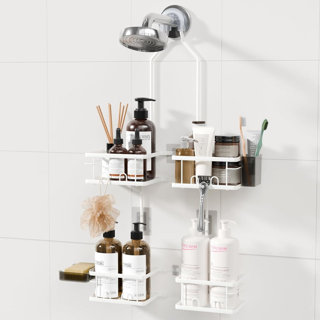 Adjustable Shower Caddy Hanging Rustproof Shower Caddy for Handheld Showerheads, Shower Organizer with Hooks Soap Holder, Anti-Swing Shower Rack Bathroom Accessories (White)