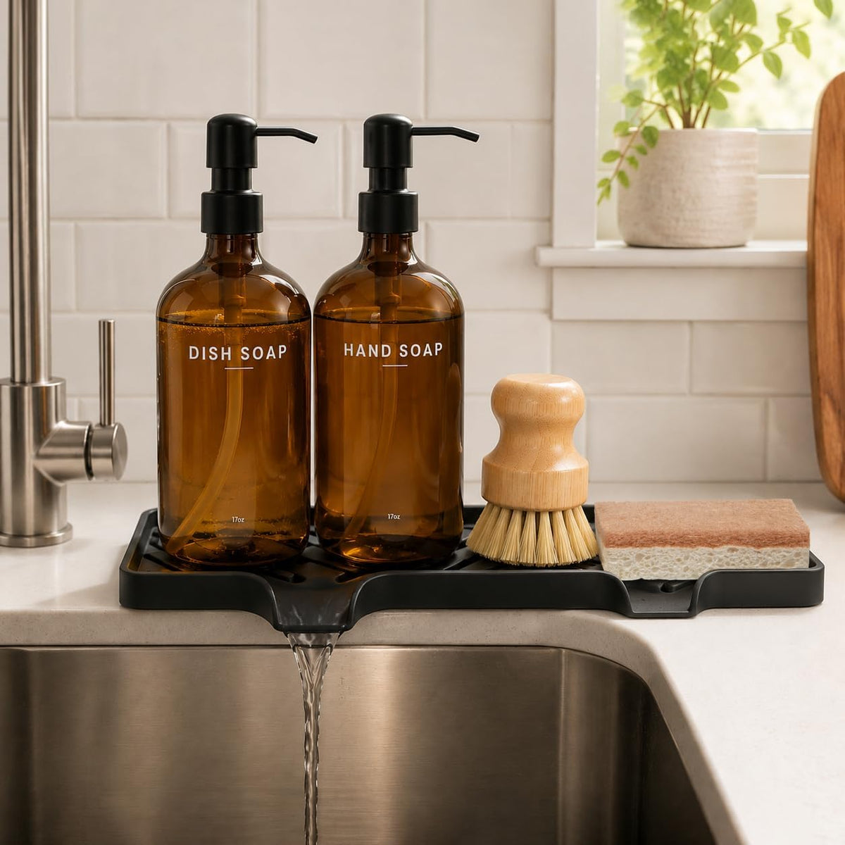 Kitchen Soap Dispenser Set with Self Draining Silicone Tray, Brush, Sponge