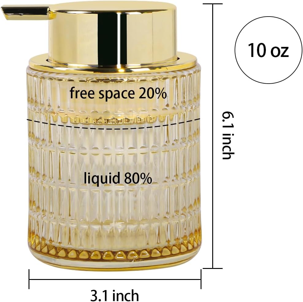 Foaming Soap Dispenser, Amber Glass Foam Soap Dispenser for Bathroom and Kitchen, 10 Oz Refillable Foaming Pump Bottle with Large Pump, Ribbed Bottle Container Decor