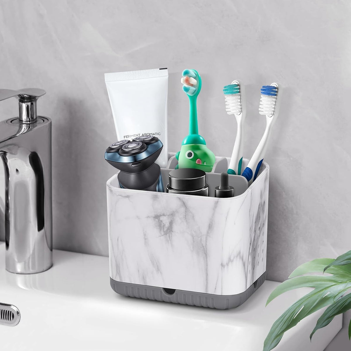Toothbrush Holder for Bathrooms, Toothbrush Organizer (Grey Marble Grain)
