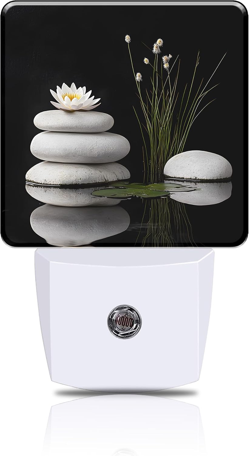 Grey Stones and White Lotus Night Light, Plug-in Nightlight with Dusk to Dawn Auto Sensor for Home Bedroom Hallway Kitchen 0.5W Sleep Friendly Led Lamp for Women Men