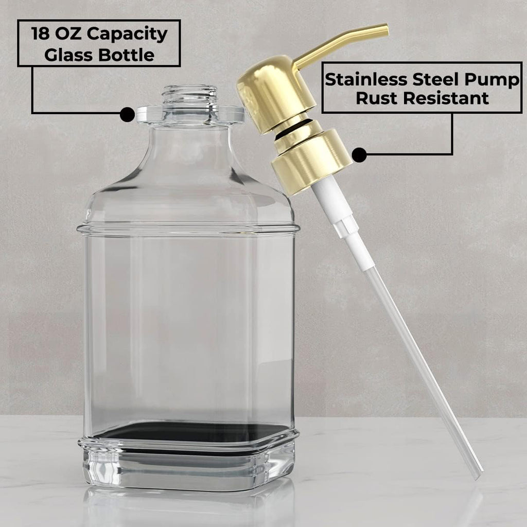 GLADPURE Soap Dispenser - 2 Pack, 18 Oz Antique Design Thick Glass Hand Soap Dispensers; with 304 Rust Proof Stainless Steel Pump, 6Pcs Clear Stickers, for Kitchen, Bathroom - Gold