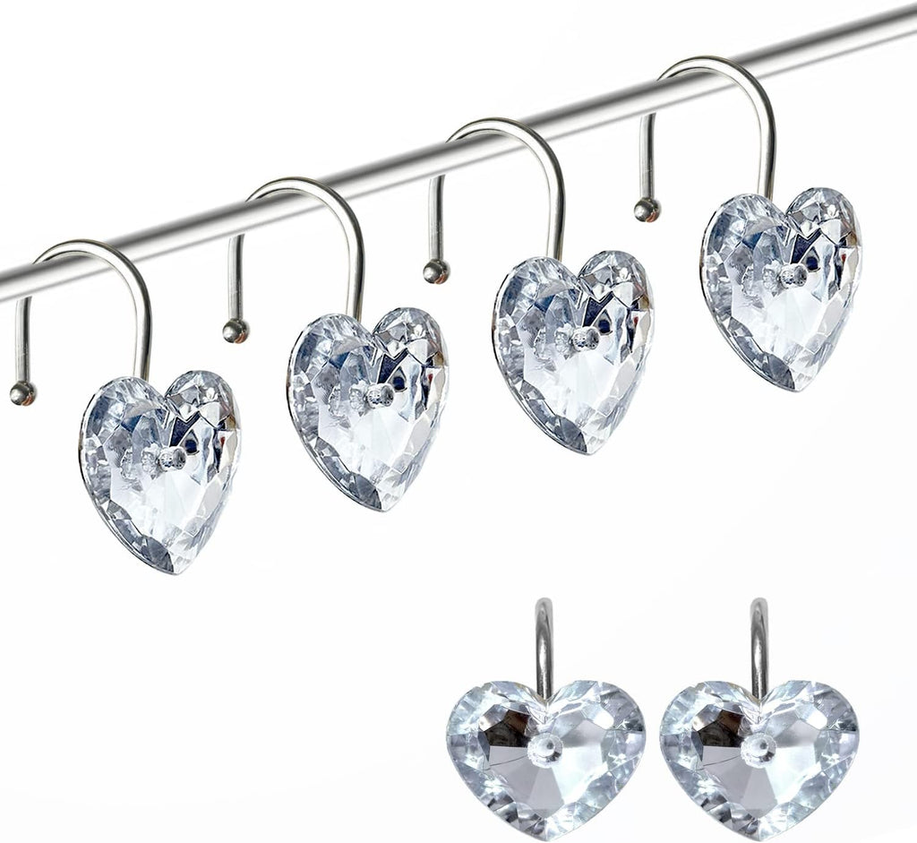 Romantic Angels 12PCS Shower Curtain Hooks Rings for Bathroom, Stainless Steel Rust Resistant Decorative Rhinestones Shower Curtain Hooks for Shower Curtains and Shower Rod (Silver Heart)