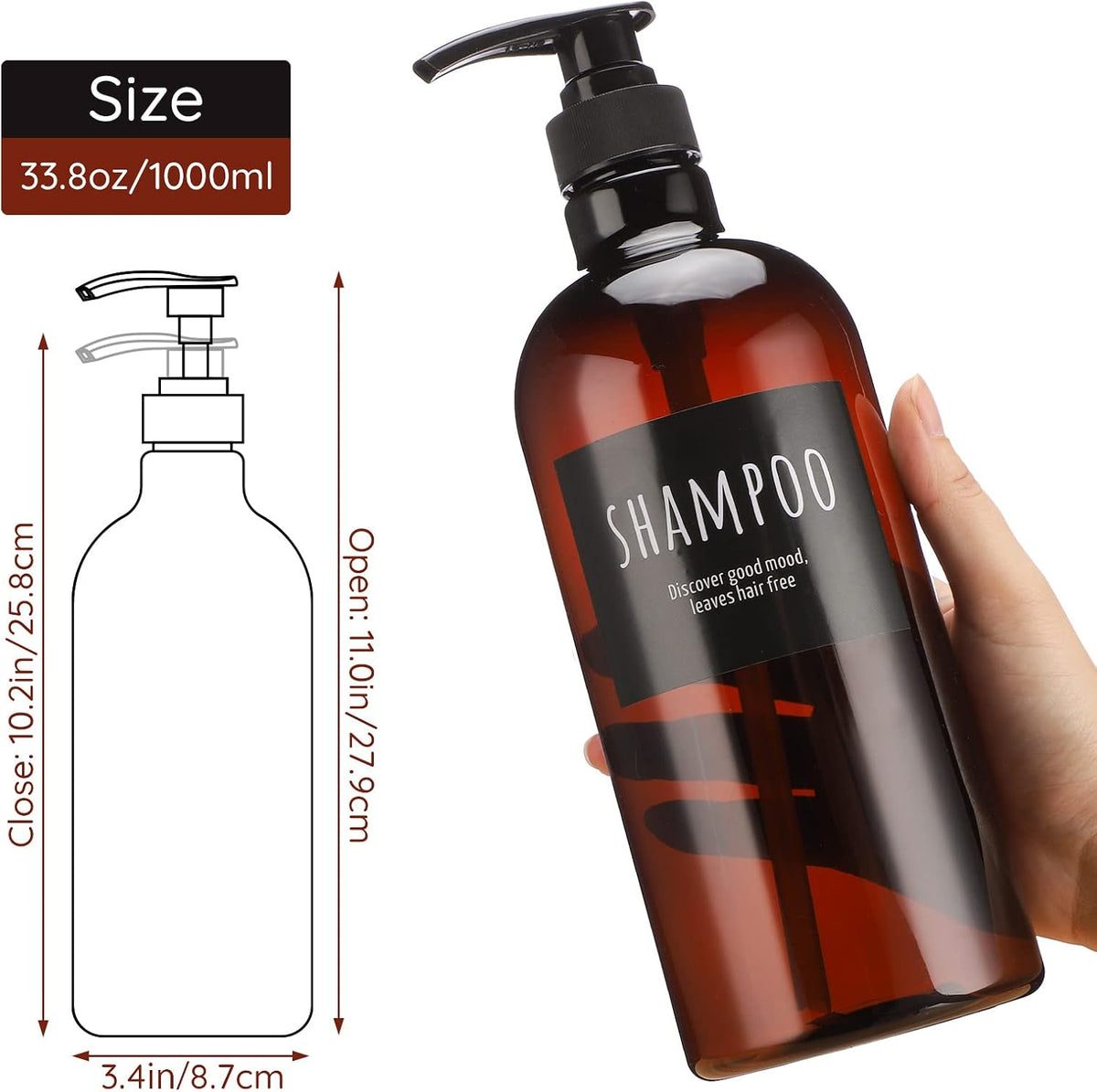 Empty Plastic Bottles with Labels, Segbeauty 33.8oz Large Brown Shampoo Conditioner Reusable Dispenser, 2 Packs of 1000ml Refillable Shower Lotion Pump Press Bottles for Bathroom Hand Soap Body Wash