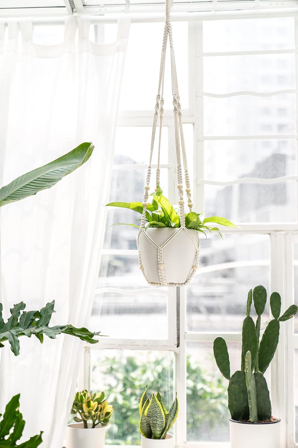 Mkono 43 Inch Macrame Plant Hanger Indoor Hanging Planter Holder Ivory 1Pc