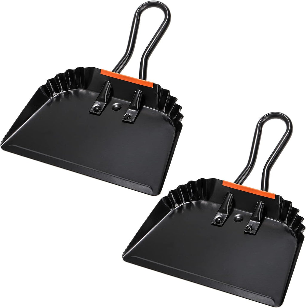 TOPZEA 2 Pack Black Metal Dustpan, 12 Inch Heavy Duty Steel Handheld Dust Pan with Loop Handle, Wide Ash Scooper for Fireplace, Wood Stove, Garage, Shop, Industrial and Indoor Outdoor Commercial Use