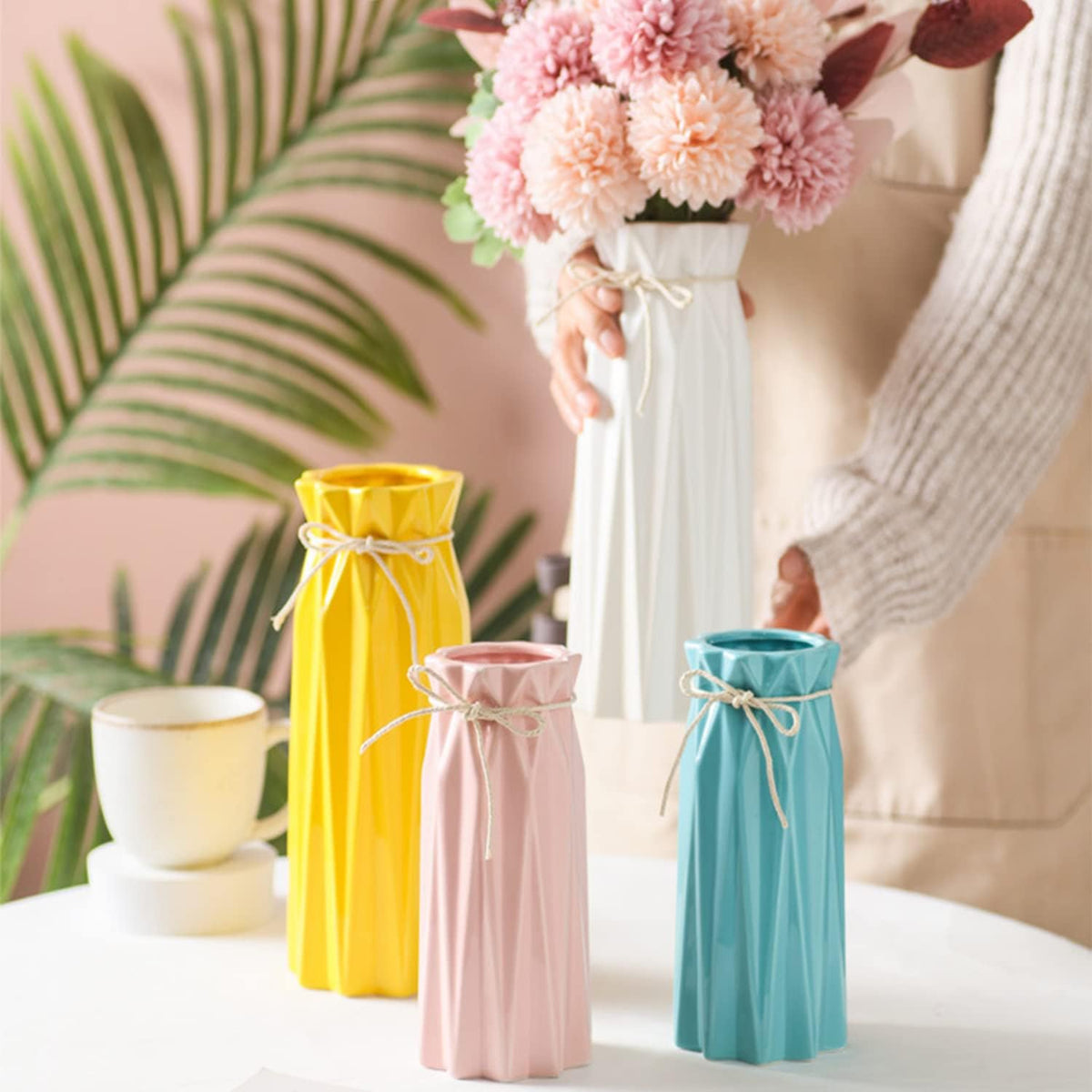 Disoza Ceramic Flower Vase Modern Home Decor Vases for Centerpieces Pink Minimalist Farmhouse 9.5" H x 3.9" W Cute Decorative Vases Flowers Tulip Pampas Grass Vase for Table Bathroom Shelf