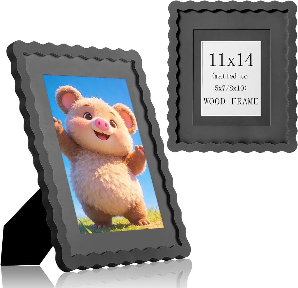 SNAPSHOT 11x14 Picture Frame with Mat for 5x7/8x10, Wooden Photo Frames with Real Glass for Wall Mount and Tabletop, Wavy Edge Black, 1 Pack