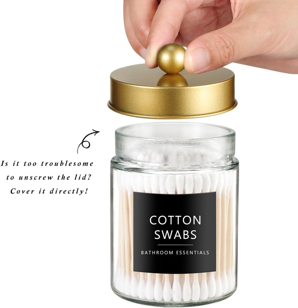 SheeChung 3 Pack Glass Qtip Holder with Gold Stainless Steel Lids