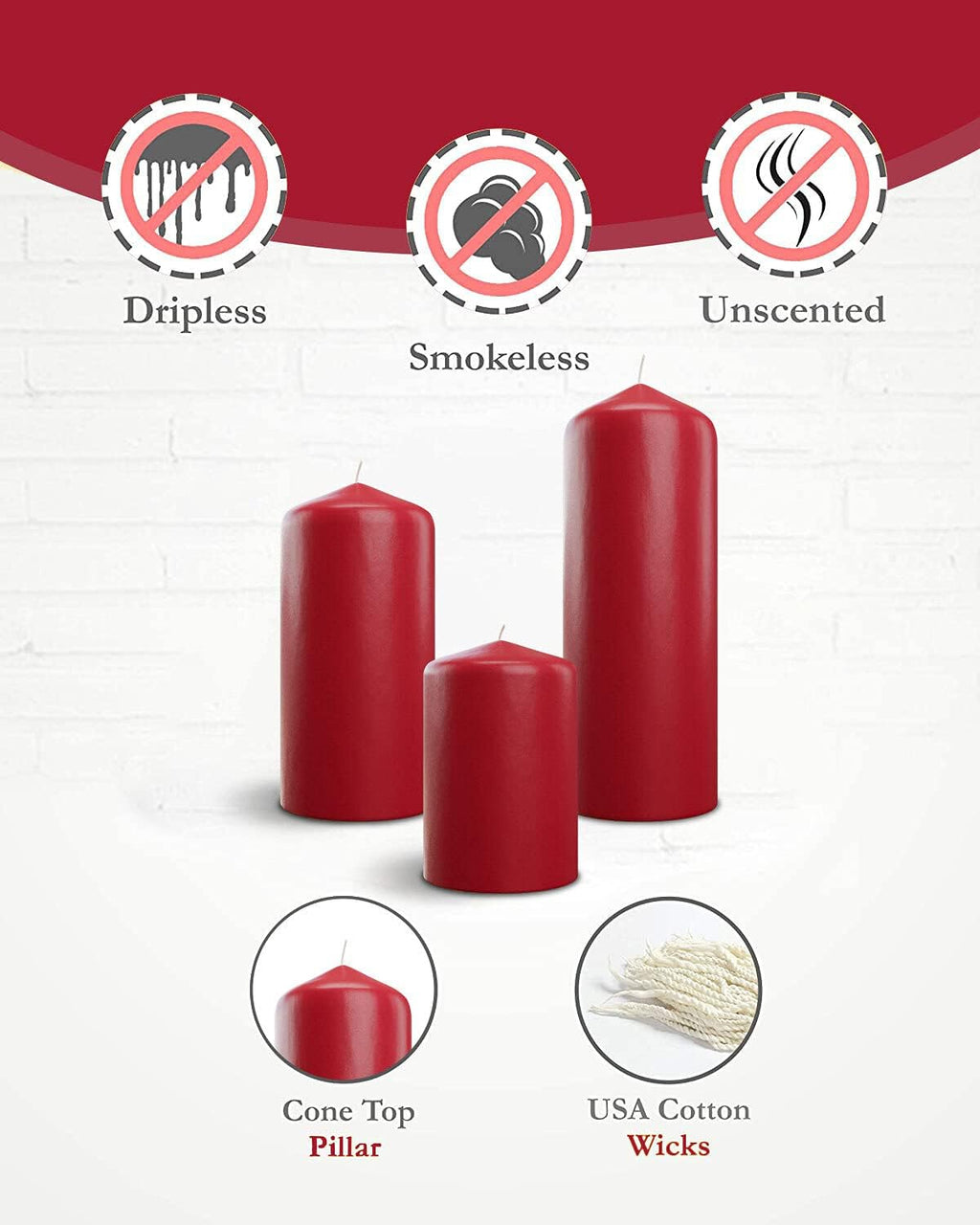 Bask Cone Top Pillar Candles - Elegant Red Candles - Set of 3 Red Pillar Candles - 3"x4", 3"x6", and 3" x8 - Smokeless and Dripless Decorative Candles for Home Decor and Relaxation