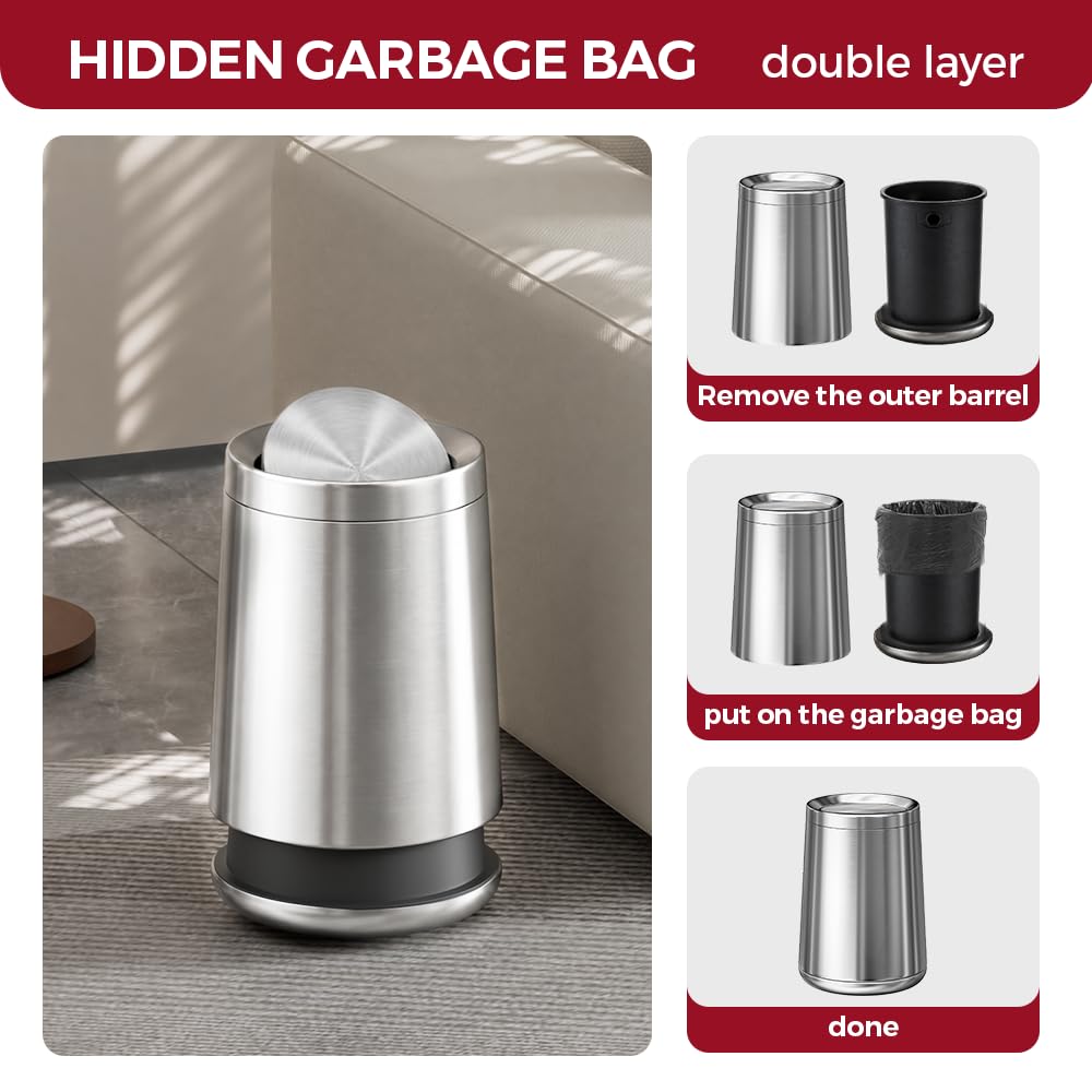 10L/2.6Gal Brushed Nickel Bathroom Trash Can with Lid,Sliver