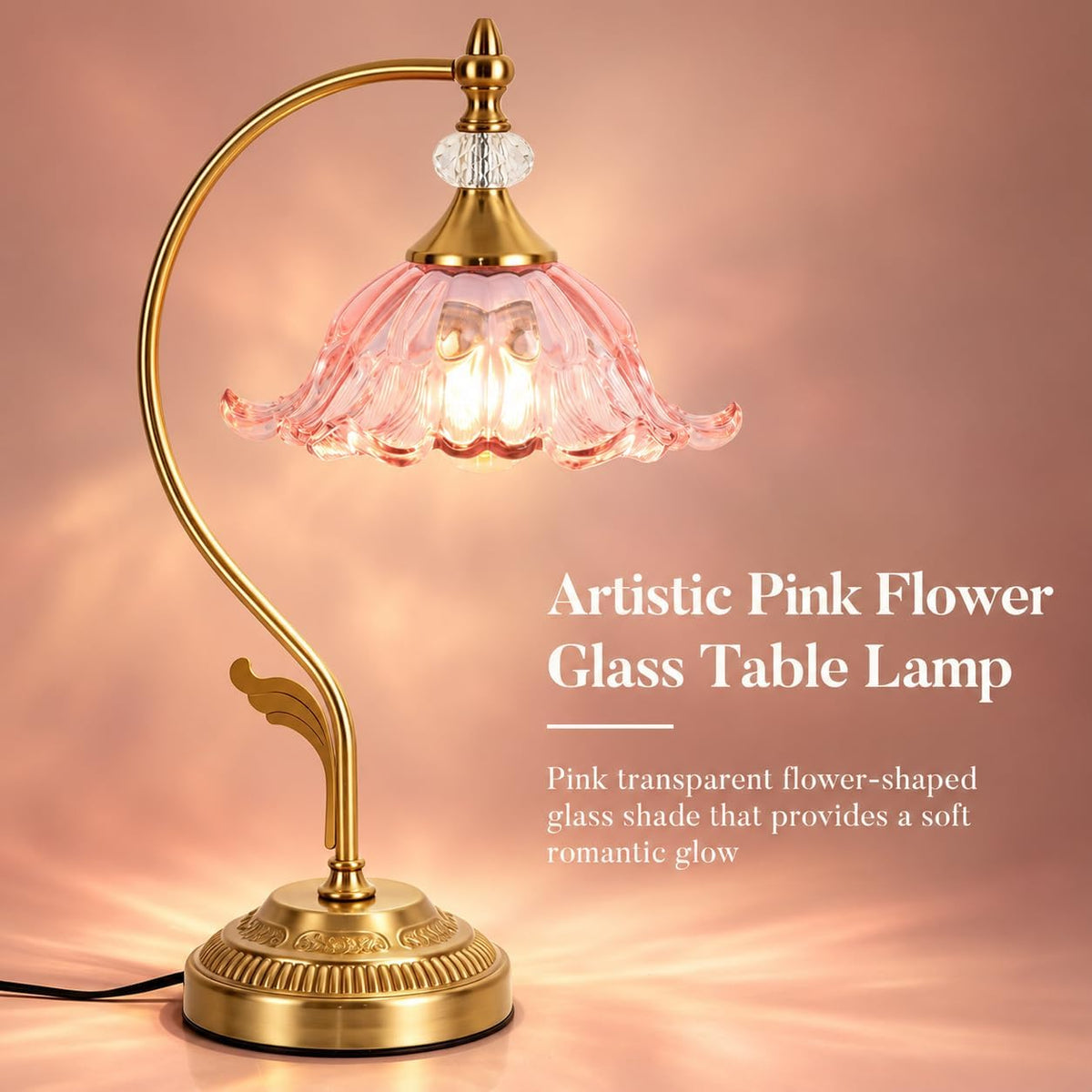 Vintage Floral Table Lamp, Plug in Mid-Century Modern Desk Lamp with Pink Glass Shade, Gold Bedside Table Lamp Dimmable for Bedroom Living Room Home Office