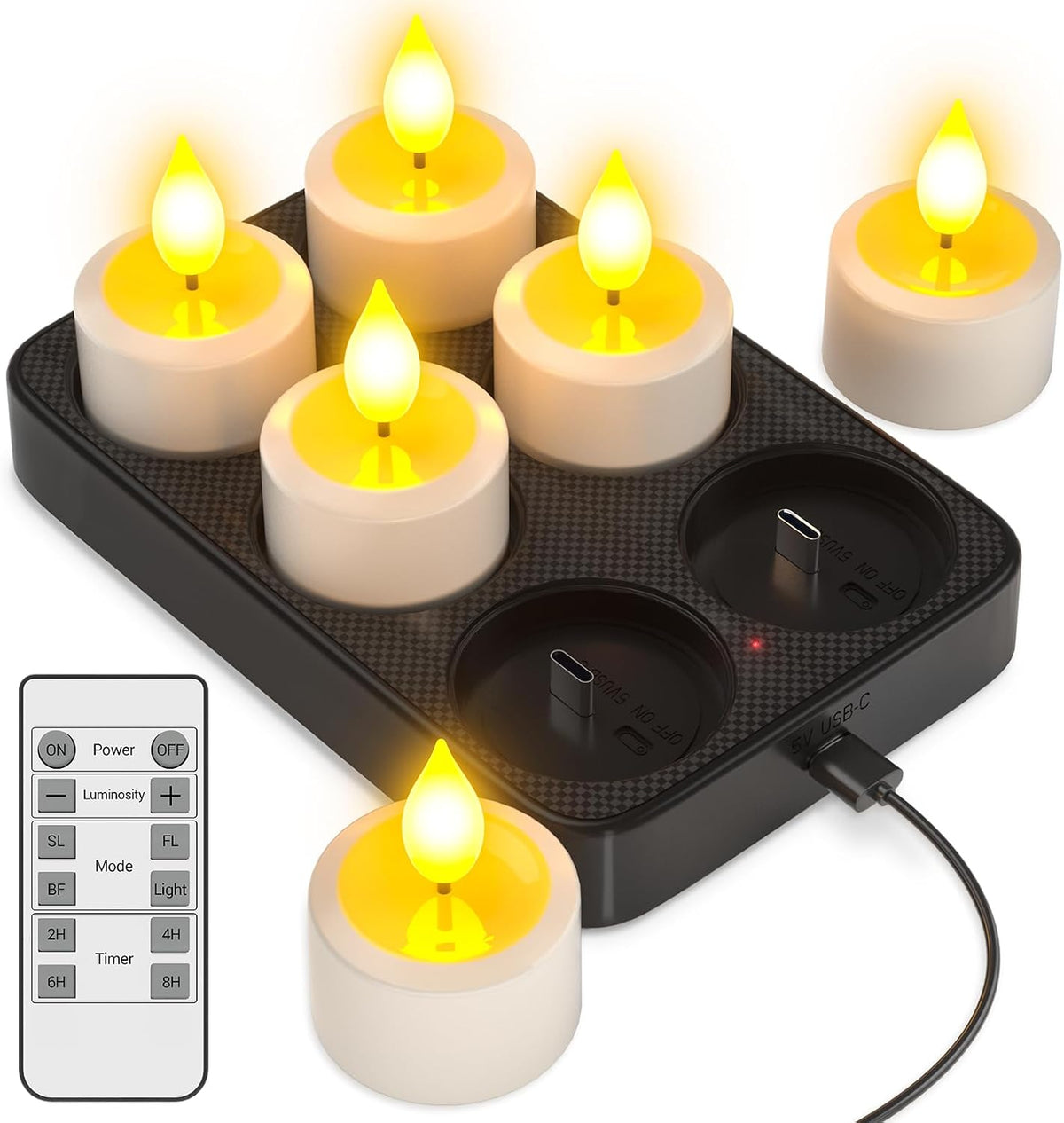 Yme Rechargeable Tea Lights with Remote & Timer, Charging Dock