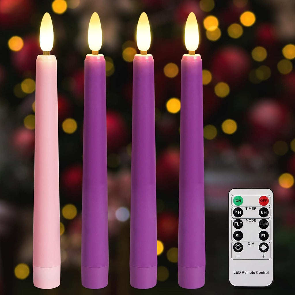 Daord 7.9" Advent Taper Candles Set of 4 Christmas LED Flameless Long Candle 3 Purple and 1 Pink for Advent Rituals Festival and Special Occasions Church Decor(3Purple+1Pink(A))