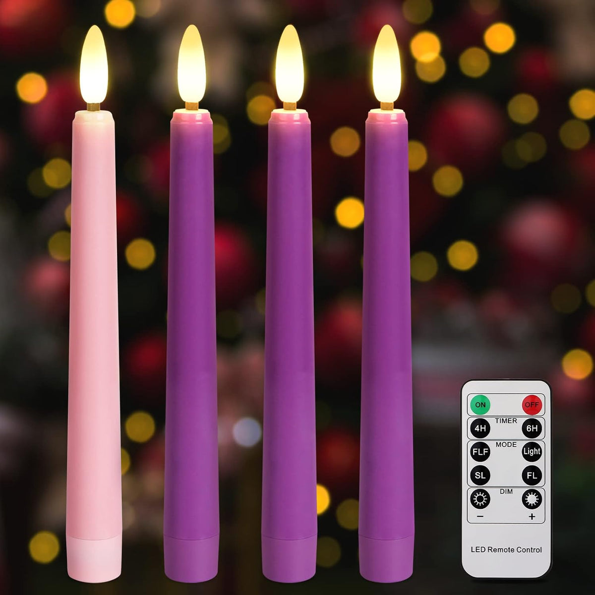 Daord 7.9" Advent Taper Candles Set of 4 Christmas LED Flameless Long Candle 3 Purple and 1 Pink for Advent Rituals Festival and Special Occasions Church Decor(3Purple+1Pink(A))