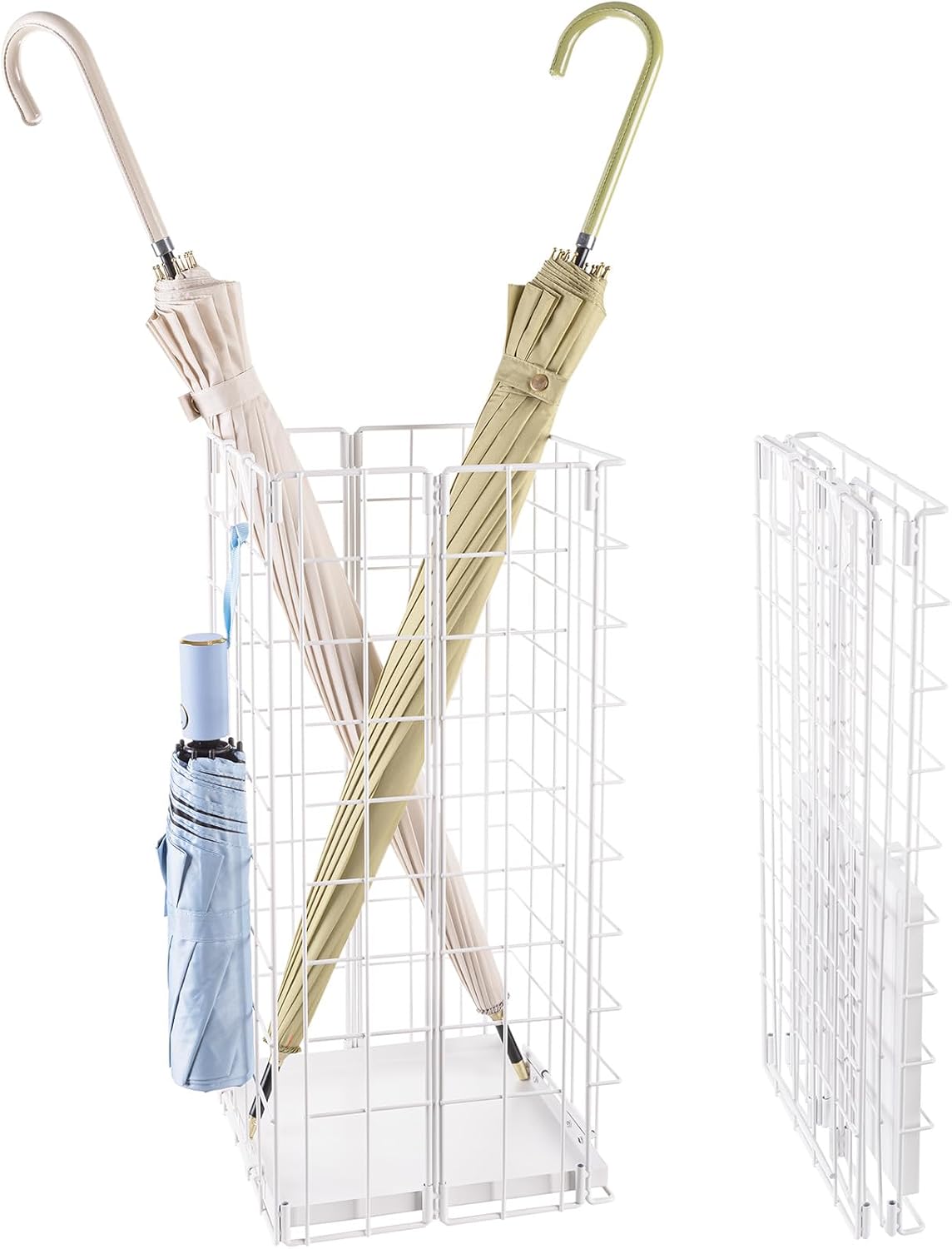 Umbrella Stand, Umbrella Holder for Entryway, Large Metal Foldable Umbrella Rack Organizer Freestanding, with Water Tray and Hooks, Rectangular Hollow Rack 9.5 x 9.5 x 19.7 Inches (White)
