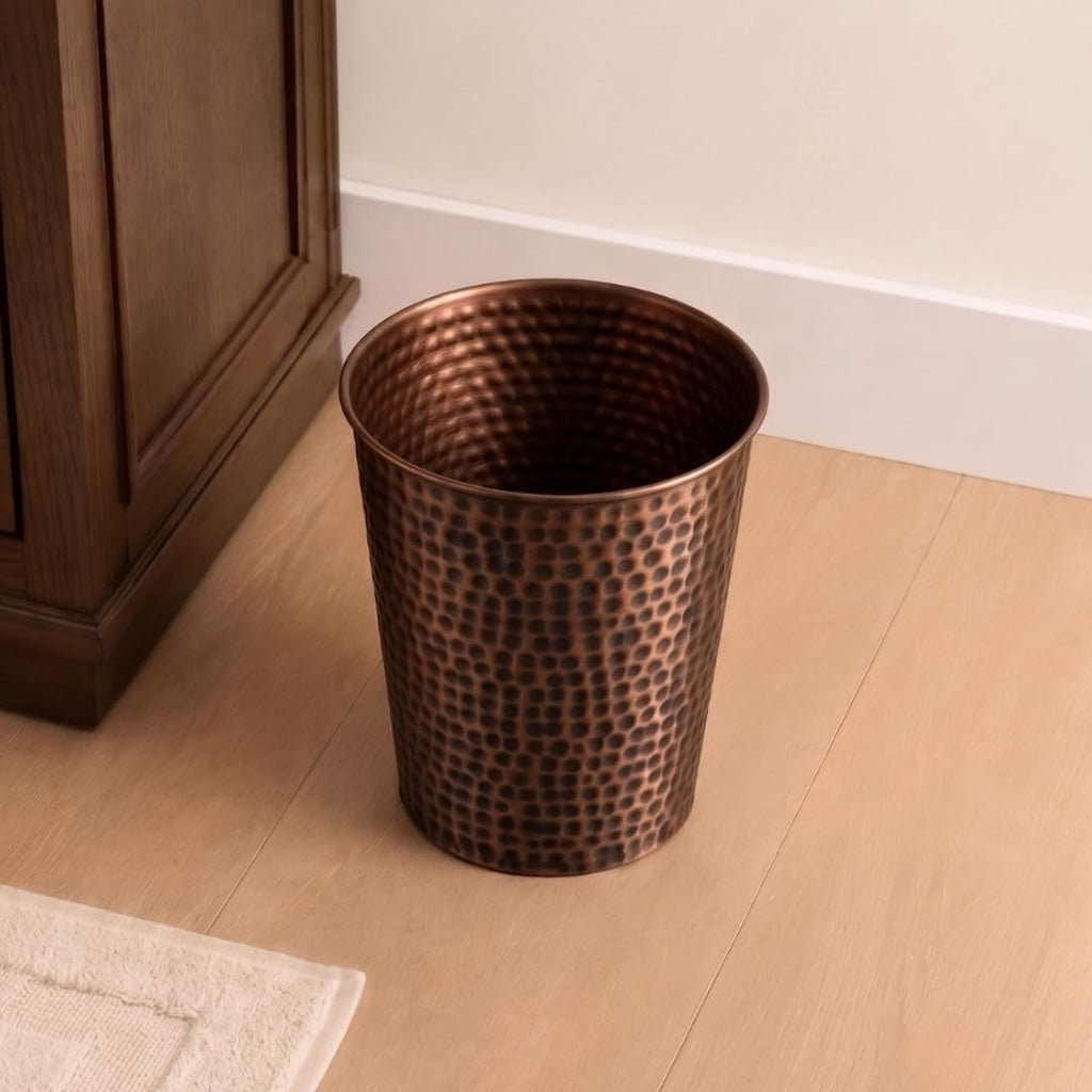 Monarch Abode Metal Bathroom Trash Can – Waste Basket for Bedroom, Office Desk, & Dorm, Hand Hammered, Durable Decorative Antique Copper Small Trash Can Bathroom Garbage Bin Wastebasket