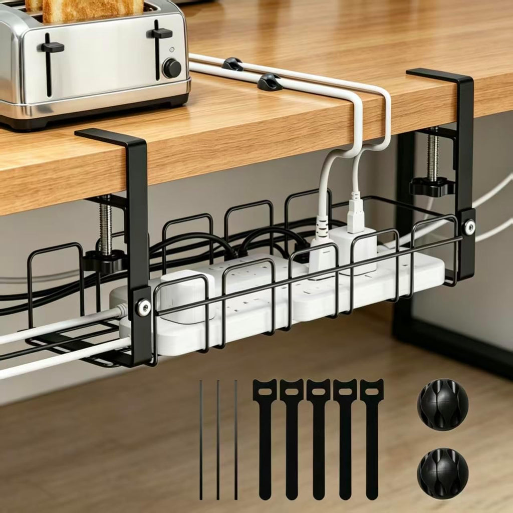 15.7 Inch Under Desk Cable Management Tray - Black No Punch Wire Organizer Holder, Sturdy Metal Rack for Power Strip, Desk Cable Organizer for Home, Office, Standing Desk, Gaming & Streaming Setup