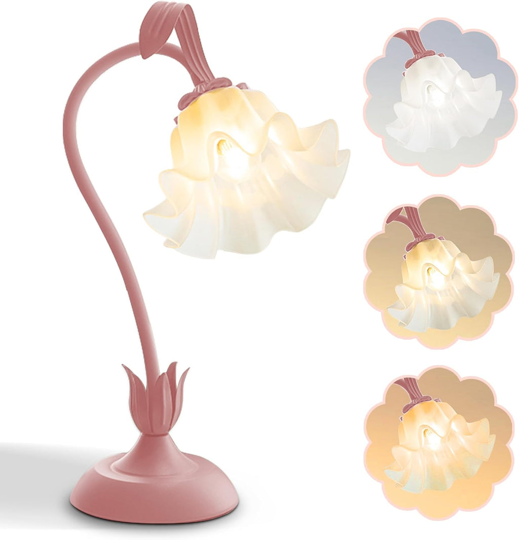Flower Table Lamp, LED Reading Light Bedside Vintage Night Light (Pink)