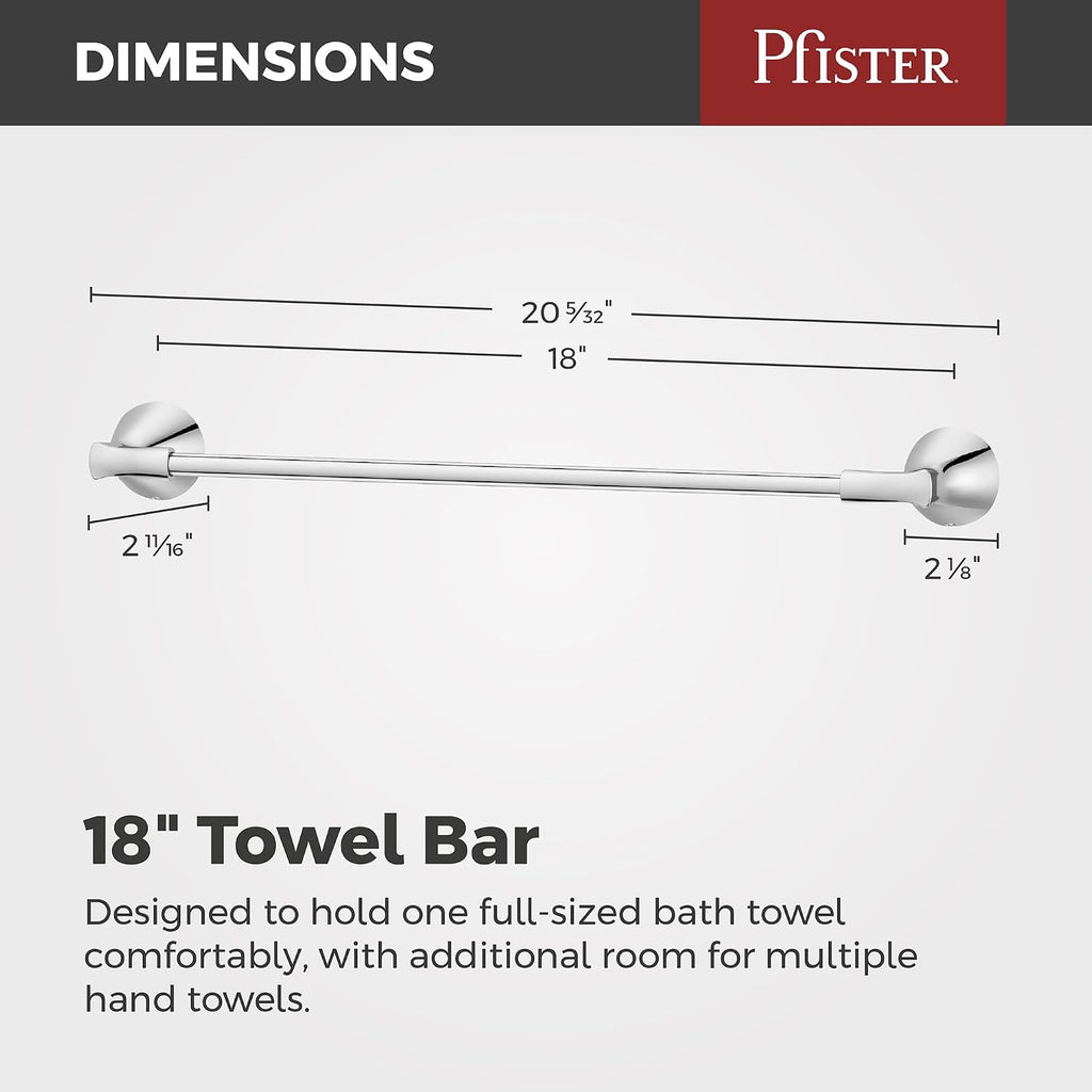 Pfister Willa Bath Towel Bar for Bathroom, 18-Inch, Wall-Mounted, Screw-In, Polished Chrome Finish, BTBWLL1C