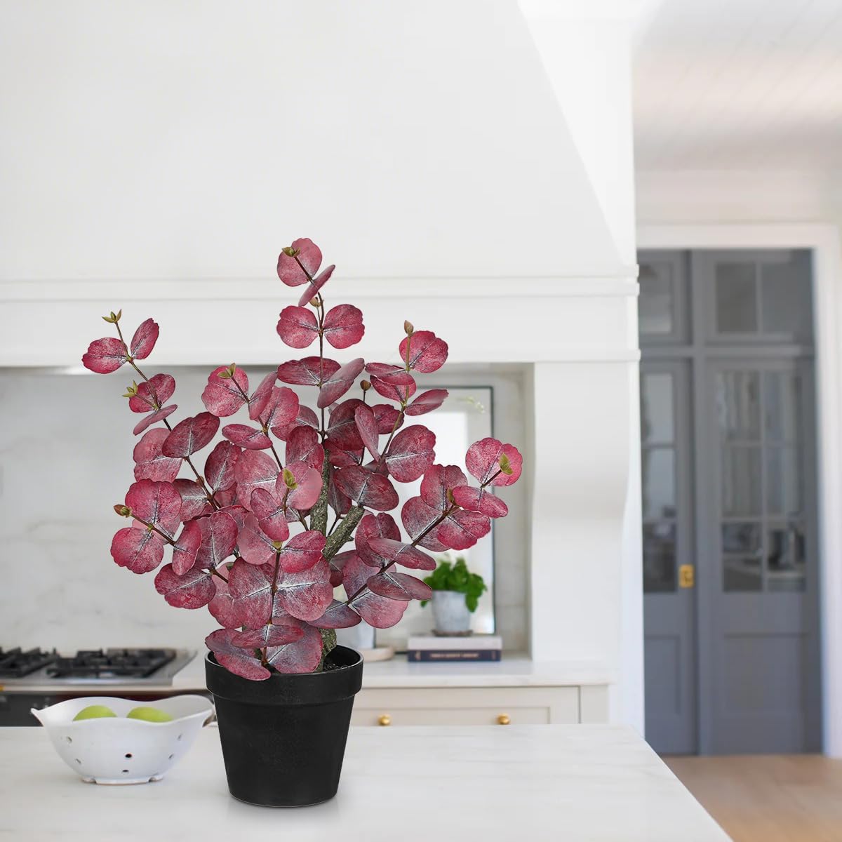 Artificial Plants Indoor with Pot, 18" Tall Faux Plants Indoor Silk Plant, Fake Potted Plant Small Eucalyptus Tree for Living Room Bathroom Kitchen Farmhouse Office Desk Table Shelf Decor, Red