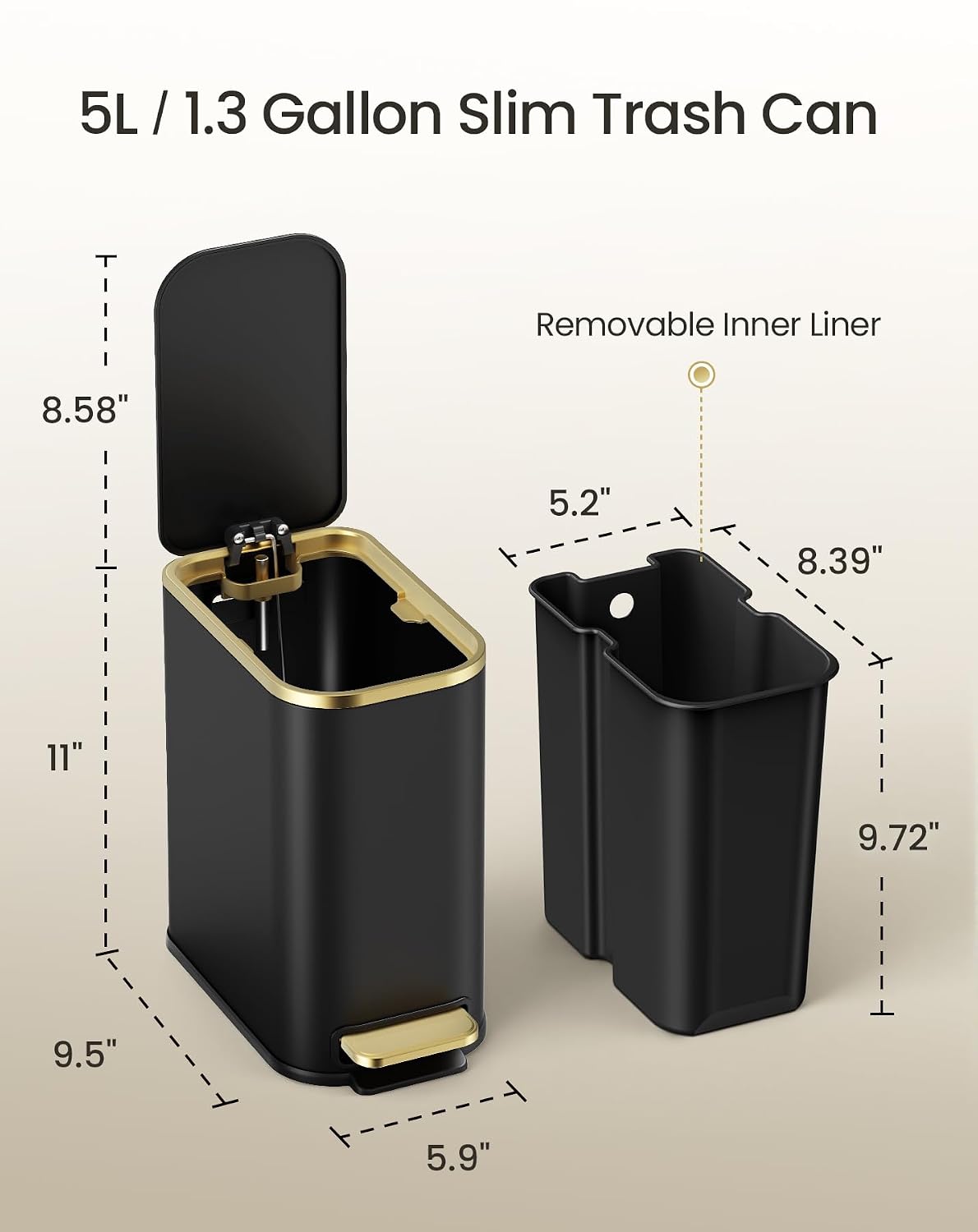 Cesun Small Bathroom Trash Can with Gold Grimmed Lid & Pedal, 1.3Gal, Black