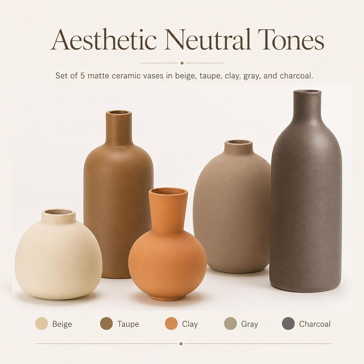 Small Neutral Ceramic Vase Set – Cute 5 Matte Earth-Tone Vases for Japandi, Scandinavian, or Minimalist Home Decor, Table, Entryway, Shelf & Mantel Styling