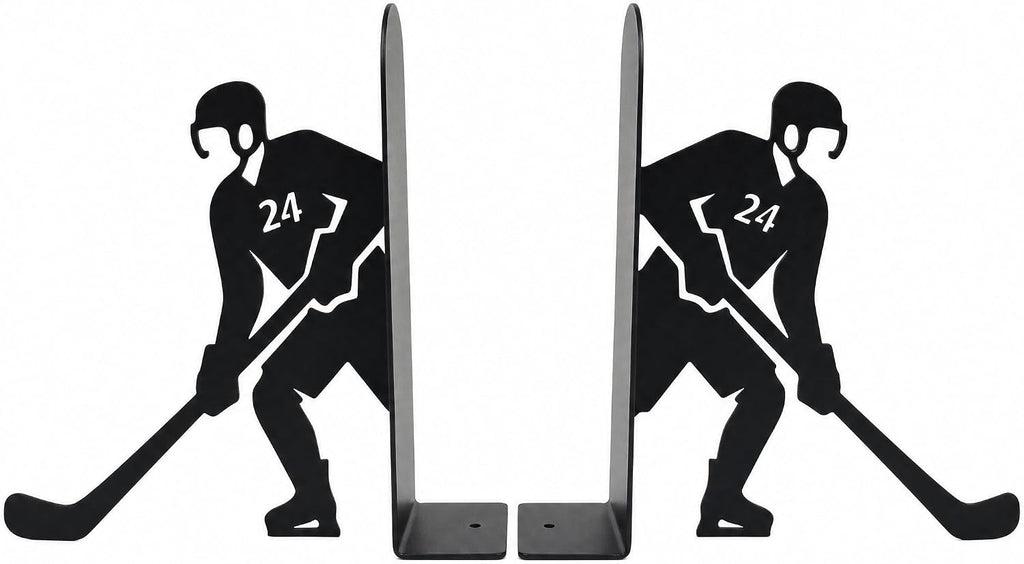 Ice Hockey Bookends, Set of 2 Black Metal Book Ends for Shelves, Laser-Cut Hockey Player Decorative Book Holders for Office Desk, Home Library and Study Room, 6.3 in Tall