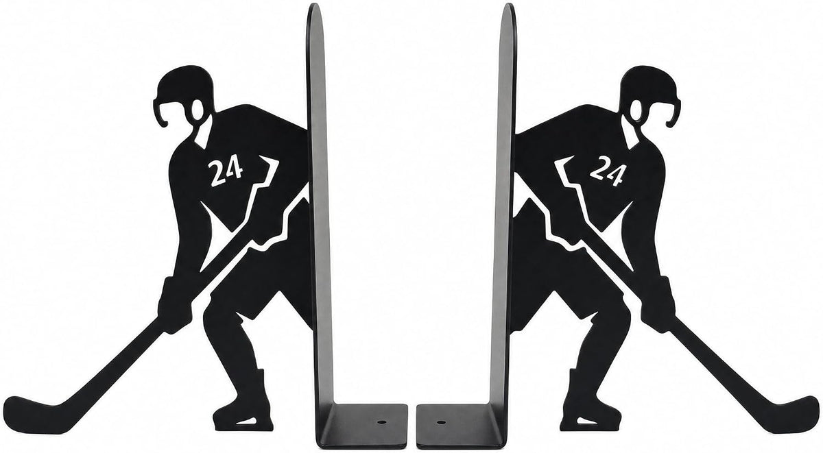 Ice Hockey Bookends, Set of 2 Black Metal Book Ends for Shelves, Laser-Cut Hockey Player Decorative Book Holders for Office Desk, Home Library and Study Room, 6.3 in Tall