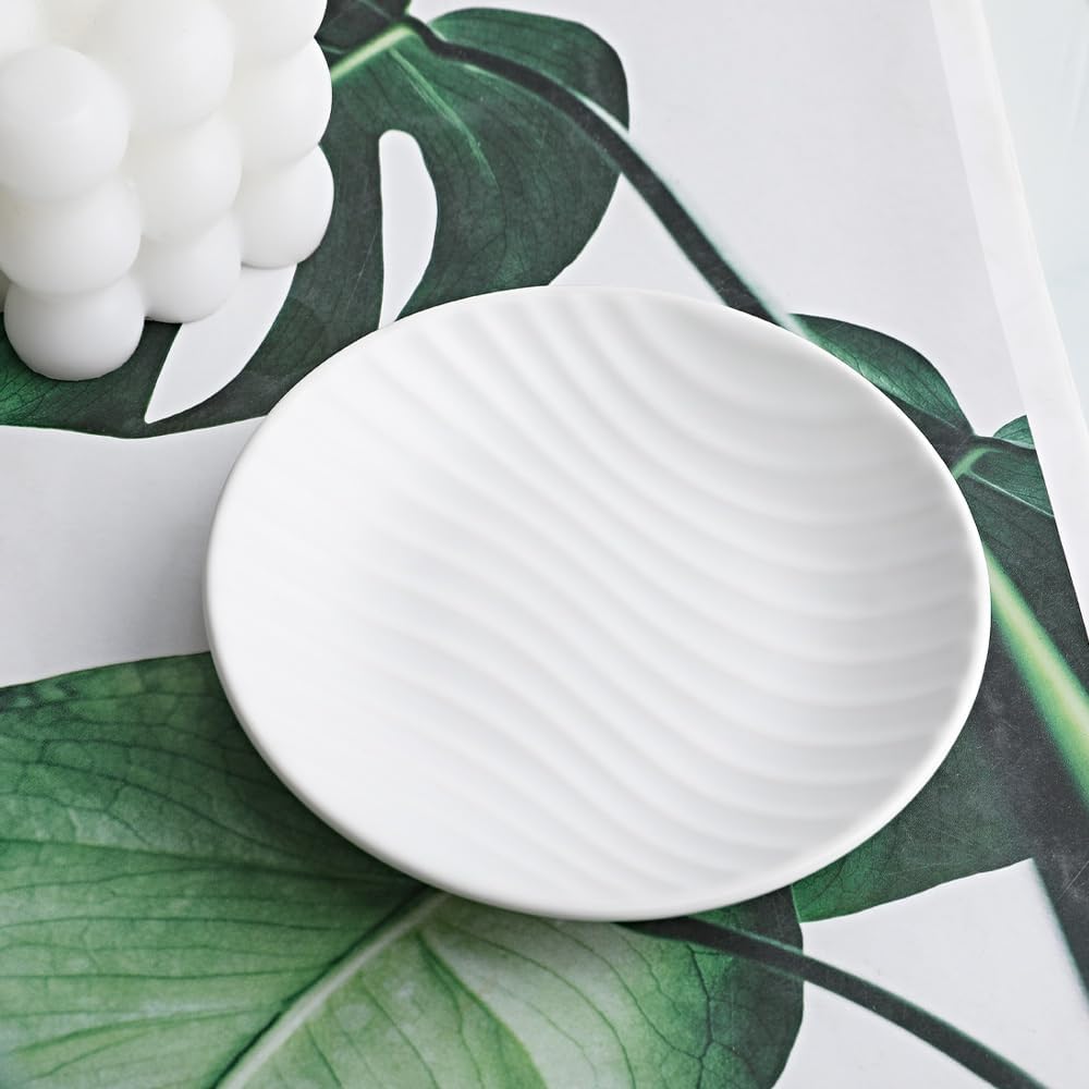 Chic Round Soap Dish, Modern Minimalist Striped Ceramic Tray(White)