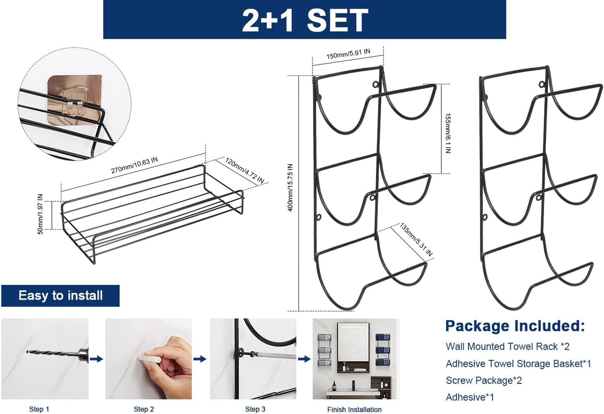 NearMoon Towel Rack Wall Mounted- All Metal Bathroom 2 Towel Rack Holders+ Hand Towel Storage Basket, Rustproof 3 Level Wine Rack Organizer for Hand Towels, Washcloths, 2+1 Pack (Matte Black)
