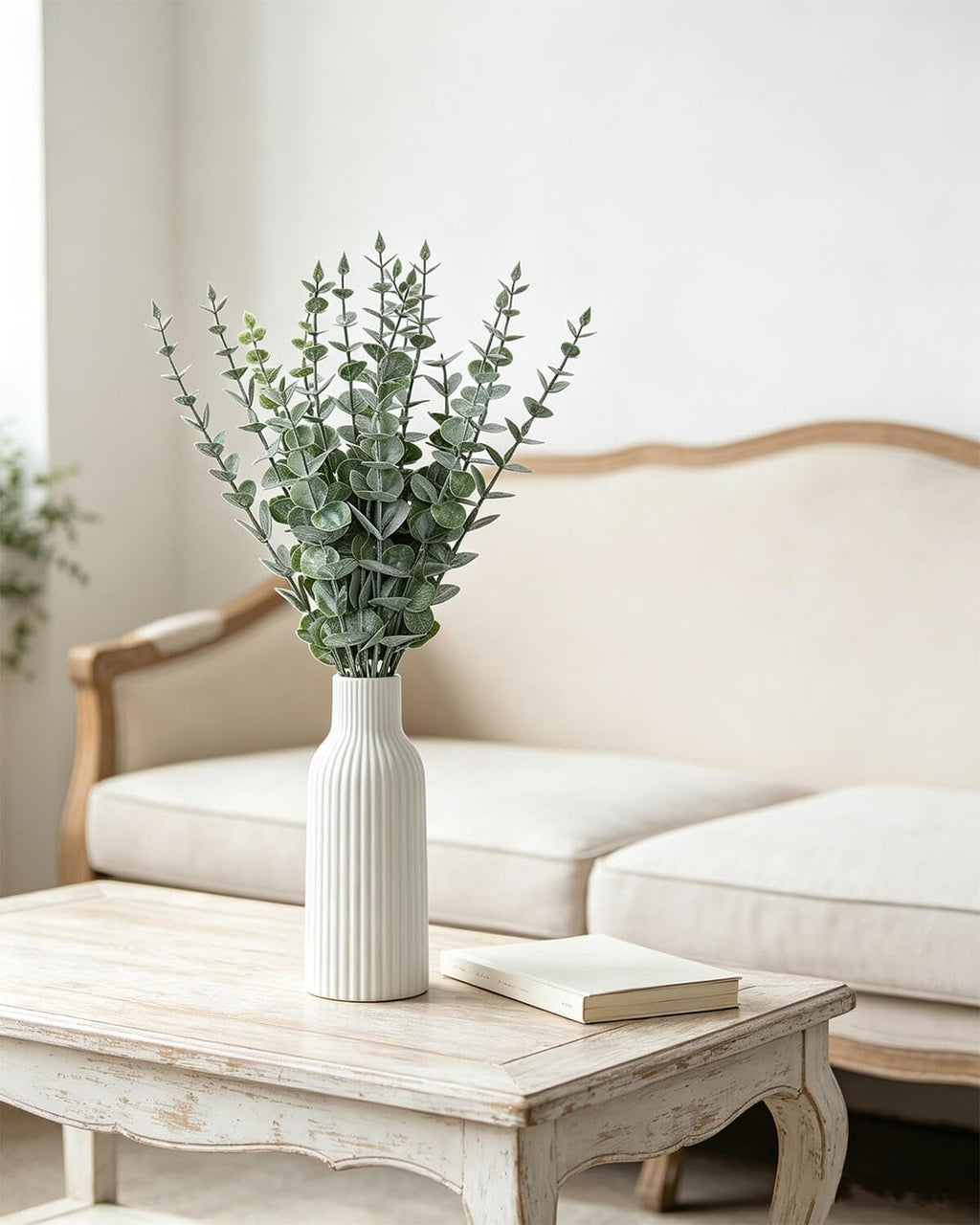Faux Eucalyptus Stems in Ceramic Vase for Bathroom Counter Decor Artificial Eucalyptus Stems Decor for Coffee Table Fake Greenery Plants for Farmhouse Dining Table Centerpiece