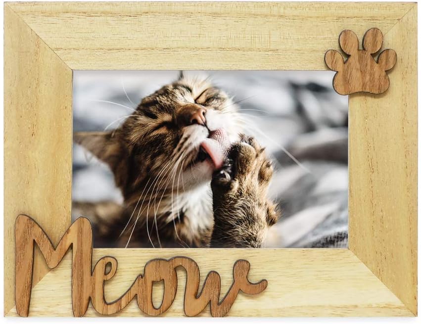 Isaac Jacobs 4x6 Nutral Wood Sentiments Cat Meow” Picture Frame