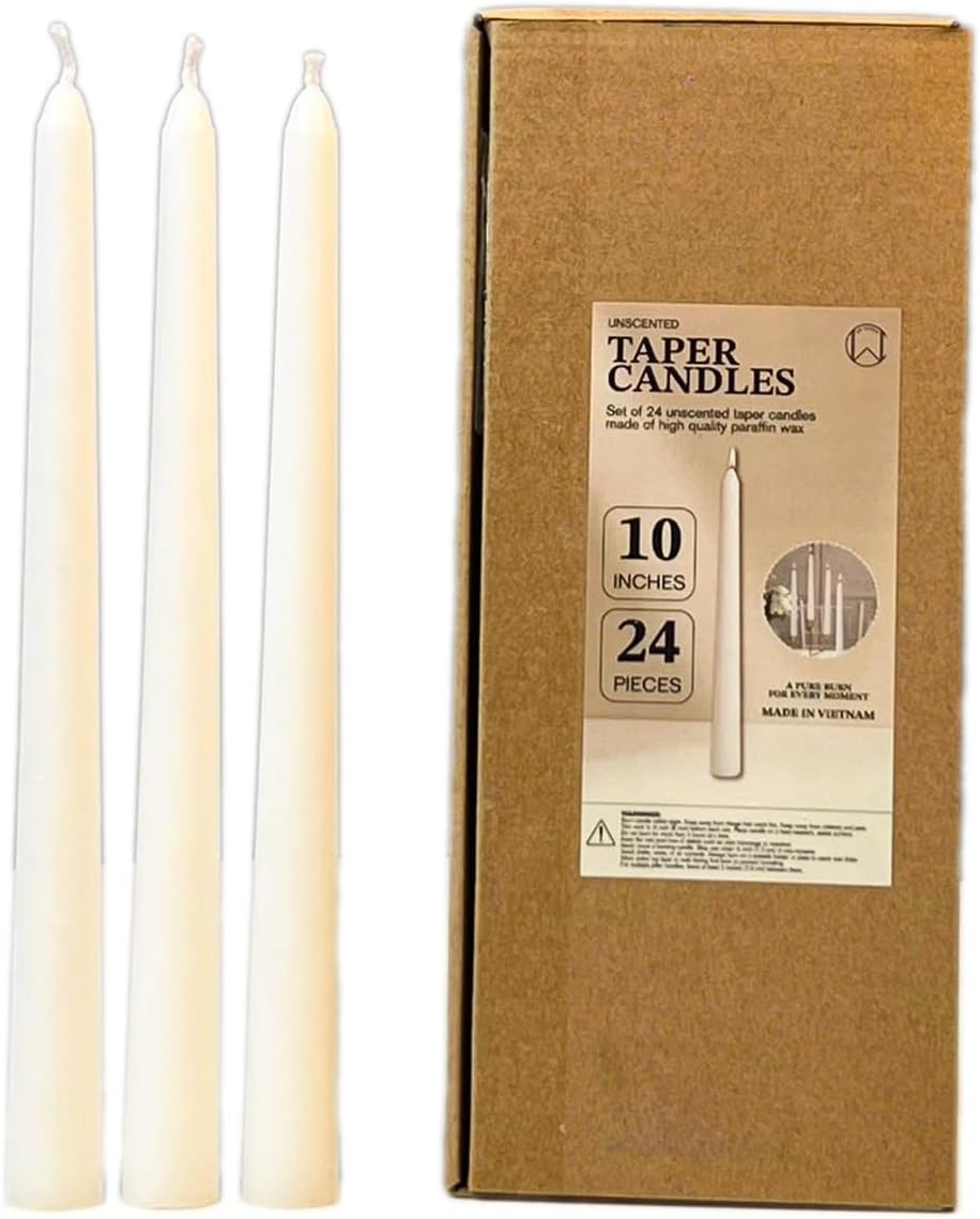 Taper Candles 10 Inch 12 Pack White – CW Studio Unscented Smokeless Candlesticks, 7-8 Hour Clean Burn – Elegant Dinner Table Centerpiece for Wedding, Holiday Decor & Romantic Dinners