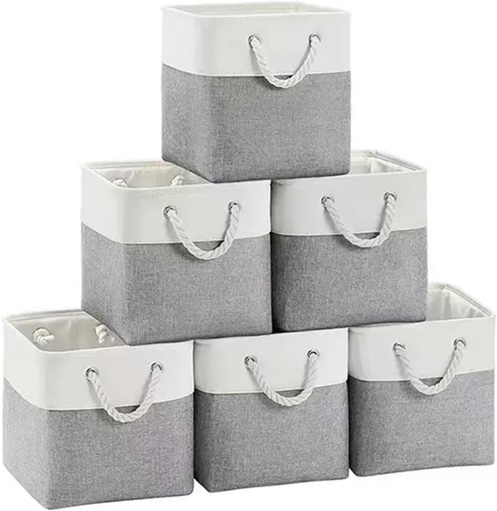 11x11 Inch Cube Storage Bins, 6 Pack Collapsible Fabric Storage Cubes with Rope Handles, Waterproof Foldable Storage Baskets for Cube Shelves, Closet, Clothes, Toys, Books, White & Gray