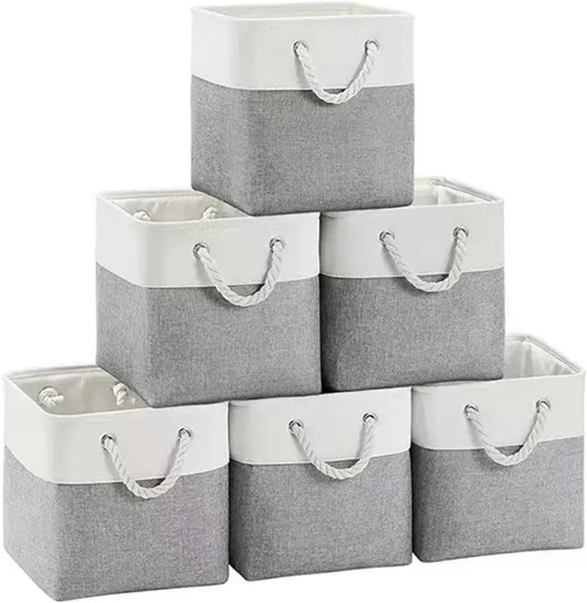 11x11 Inch Cube Storage Bins, 6 Pack Collapsible Fabric Storage Cubes with Rope Handles, Waterproof Foldable Storage Baskets for Cube Shelves, Closet, Clothes, Toys, Books, White & Gray