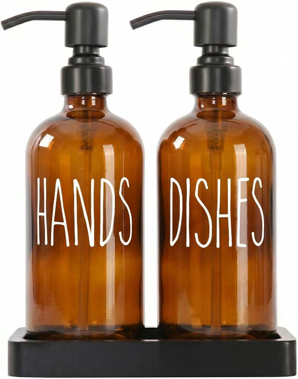 MOMEEMO Soap Dispenser Set with Ceramic Tray, Amber & Black
