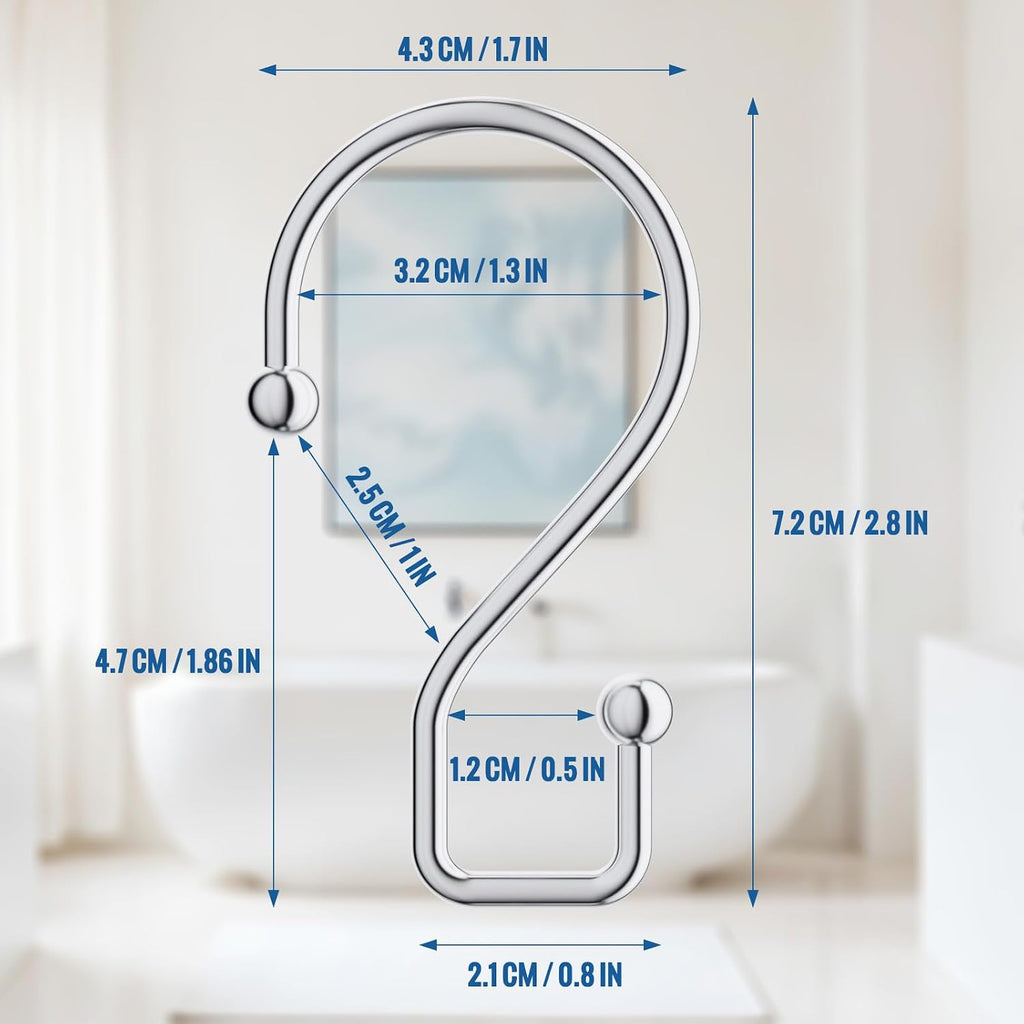 Goowin Chrome Metal Shower Curtain Hooks Rings, S Shape Metal Shower Curtain Rings Rust Proof Shower Curtain Hangers, Heavy-Duty Multi-Functional Shower Hooks for Shower Curtain, Chrome, 12 Pack