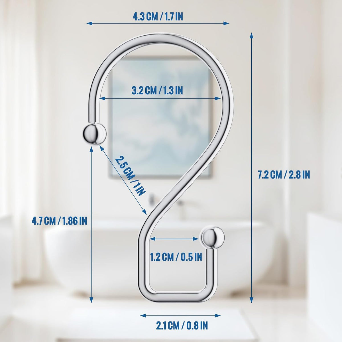 Goowin Chrome Metal Shower Curtain Hooks Rings, S Shape Metal Shower Curtain Rings Rust Proof Shower Curtain Hangers, Heavy-Duty Multi-Functional Shower Hooks for Shower Curtain, Chrome, 12 Pack