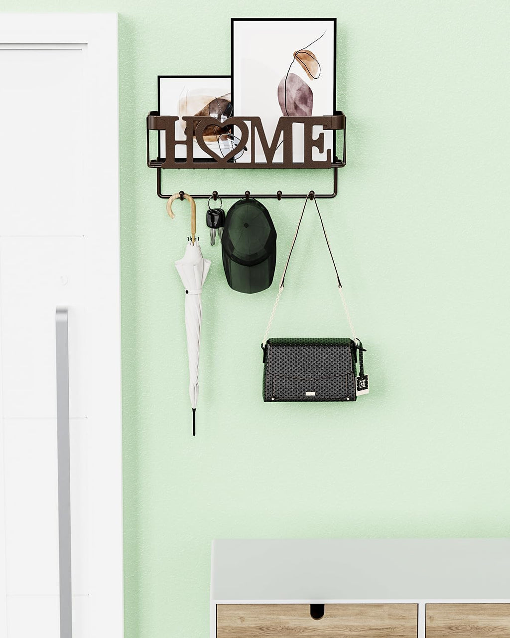 Key Holder Wall Mount - Adhesive Key Holder with 5 Hooks, Key Rack and Mail Organizer, Metal Basket Key Hanger for Entryway, Home, Living Room Decor, 11" L×2.8" W×4.9''H(Bronze)