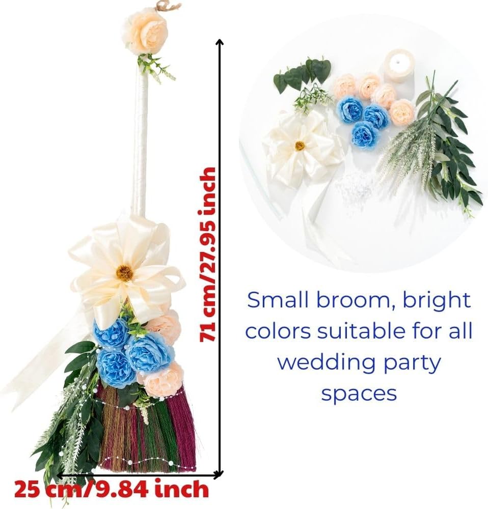 Elegant Wedding Brooms Bride Bridegroom, Jumping The Broom for Wedding, Natural Whisk Broom with Ribbons, Artificial Pearl, Leaves,Roses for Decorative